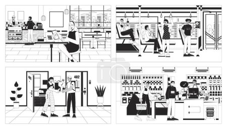 NFC technology everyday black and white line illustration set. Cashless transaction multicultural adults 2D characters monochrome backgrounds collection. Banking online outline scenes vector images