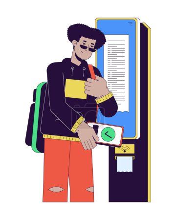 Hispanic guy paying for ticket with NFC technology 2D linear cartoon character. Latin american student isolated line vector person white background. Contactless payment color flat spot illustration