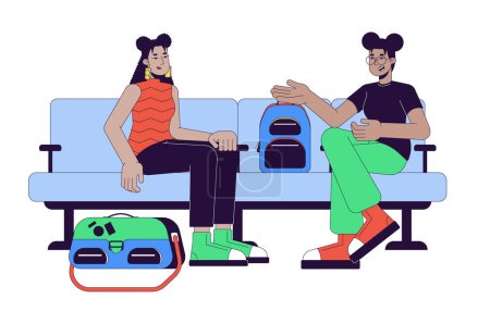 Wait passengers women friends 2D linear cartoon characters. Travelers airport terminal seats isolated line vector people white background. Talking in area waiting color flat spot illustration