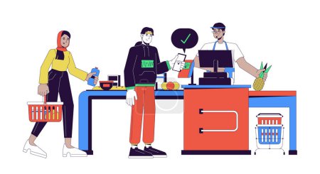 Illustration for Man NFC contactless paying at checkout 2D linear cartoon characters. Diverse customers cashier isolated line vector people white background. Buying groceries supermarket color flat spot illustration - Royalty Free Image