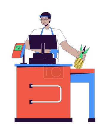 Illustration for Arab male cashier supermarket checkout 2D linear cartoon character. Terminal grocery store merchant isolated line vector person white background. Sales occupation color flat spot illustration - Royalty Free Image