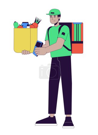 Illustration for Indian male courier groceries 2D linear cartoon character. South asian man in uniform isolated line vector person white background. Holding food bag delivery service color flat spot illustration - Royalty Free Image