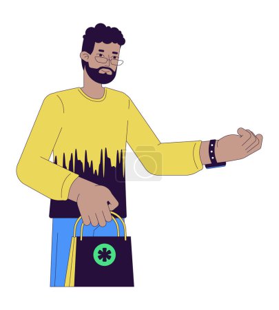 Client de la pharmacie masculine noire avec nfc regarder personnage de dessin animé linéaire 2D. Afro-américain homme isolé ligne vecteur personne fond blanc. Utilisation de la technologie portable couleur plat spot illustration