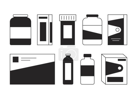 Illustration for Pharmaceuticals medications black and white 2D line cartoon objects set. Pills bottles. Medicine packages isolated vector outline items collection. Supplements monochromatic flat spot illustrations - Royalty Free Image