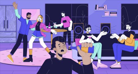 Alkoholmissbrauch zu Hause Party Cartoon flache Illustration. Betrunkene Gäste interagieren 2D-Zeile Zeichen bunten Hintergrund. Probleme mit übermäßigem Alkoholkonsum im Urlaub
