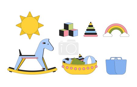 Childhood toys 2D linear cartoon objects set. Pyramid ring, rocking horse, playthings isolated line vector elements white background. Early development activity color flat spot illustration collection
