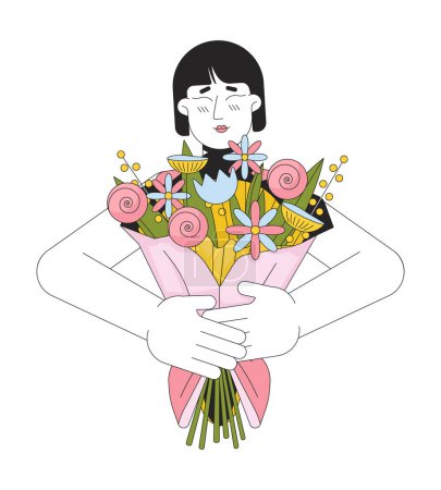 Illustration for Affectionate mother bouquet 2D linear cartoon character. Hugging flowers asian woman isolated line vector person white background. Romantic surprise birthday, 8 march color flat spot illustration - Royalty Free Image