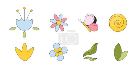 Illustration for Leaves flowers butterfly 2D linear cartoon objects set. Summer natural. Springtime plants isolated line vector elements white background. Wild nature spring color flat spot illustration collection - Royalty Free Image