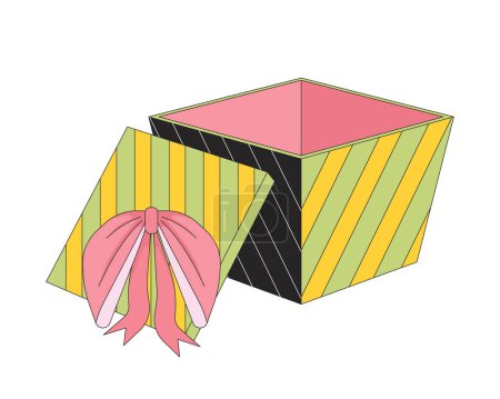 Caja de regalo abierta objeto de dibujos animados lineal 2D. Regalo sin envolver. Giftbox abrió la línea aislada vector elemento fondo blanco. Cumpleaños, día de Navidad. Sorpresa paquete color plano punto ilustración