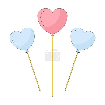 Illustration for Heart shaped balloons on sticks 2D linear cartoon object. Birthday party decoration isolated line vector element white background. Hearts valentines. Romance decor color flat spot illustration - Royalty Free Image