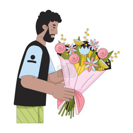 Illustration for Bearded black man holding bouquet 2D linear cartoon character. Getting flowers african american male isolated line vector person white background. Floral congratulation color flat spot illustration - Royalty Free Image