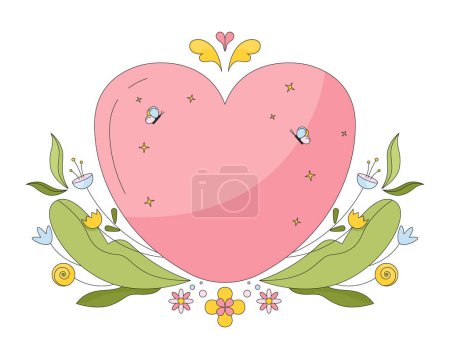 Illustration for Heart spring decorated 2D linear cartoon object. Springtime decor. Heart flowers plants frame isolated line vector element white background. Tranquility floral summertime color flat spot illustration - Royalty Free Image