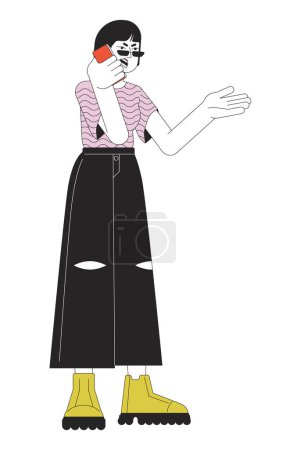 Illustration for Korean woman arguing on phone line cartoon flat illustration. Complaining female 2D lineart character isolated on white background. Emotional expressing, body language scene vector color image - Royalty Free Image