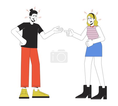 Kaukasisches Paar streitet über Cartoon-Zeichnung. Beziehungsschwierigkeiten 2D lineare Zeichen isoliert auf weißem Hintergrund. Emotionaler Ausdruck, Körpersprache Vektor Farbbild