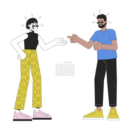 Interracial couple argument line cartoon flat illustration. Unhappy married pair 2D lineart characters isolated on white background. Emotional expressing, body language scene vector color image