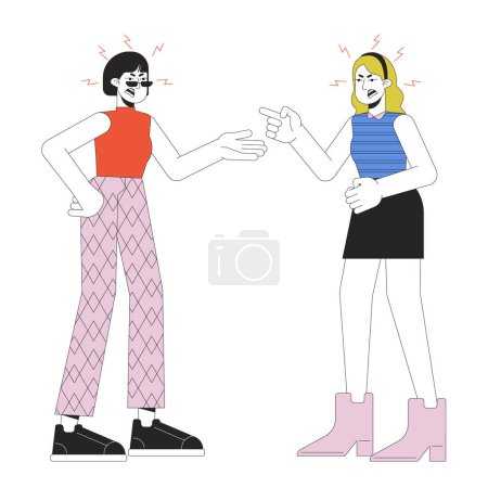 Illustration for Two women confrontation line cartoon flat illustration. Girlfriends aggressive 2D lineart characters isolated on white background. Emotional expressing, body language scene vector color image - Royalty Free Image