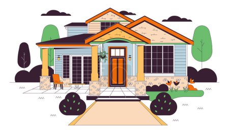 Bungalow casa de campo línea de dibujos animados ilustración plana. Nueva casa rancho. Planta colgante en porche exterior objeto lineal 2D aislado sobre fondo blanco. Inmobiliaria vivienda escena vector color imagen
