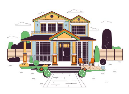 Suburban home front yard line cartoon flat illustration. Craftsman home. Front view two story house 2D lineart object isolated on white background. Real estate housing scene vector color image