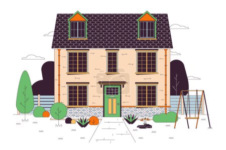 Multifamily home with swing, green yard line cartoon flat illustration. Family dwelling. Front view building exterior 2D lineart object isolated on white background. Estate scene vector color image