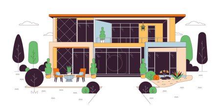 Modern glass house villa line cartoon flat illustration. Landscaping bushes. Front view building exterior 2D lineart object isolated on white background. Real estate housing scene vector color image