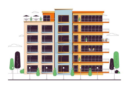 Flats condominium with balconies line cartoon flat illustration. Front view building condo exterior 2D lineart object isolated on white background. Real estate housing scene vector color image
