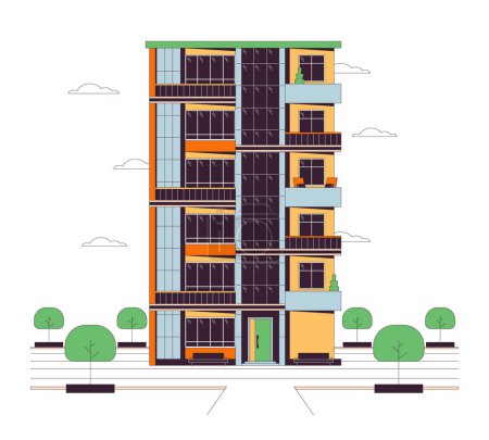 Flats apartment multistory line cartoon flat illustration. Condominium multi-storey building exterior 2D lineart object isolated on white background. Estate complex property scene vector color image