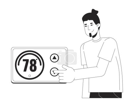Illustration for Thermostat reduce black and white cartoon flat illustration. Saving energy at home 2D lineart character isolated. Lower electricity usage. Heating control switch monochrome scene vector outline image - Royalty Free Image
