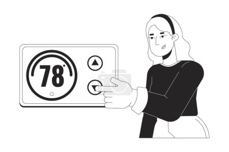 Regulation thermostat black and white cartoon flat illustration. Saving energy 2D lineart character isolated. Reduce electricity usage. Room temperature changing monochrome scene vector outline image