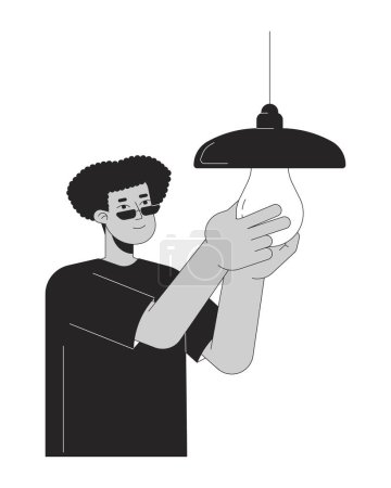 Illustration for Energy efficient lightbulb installing black and white cartoon flat illustration. Latino guy 2D lineart character isolated. Reduce electricity usage. Saving energy monochrome scene vector outline image - Royalty Free Image