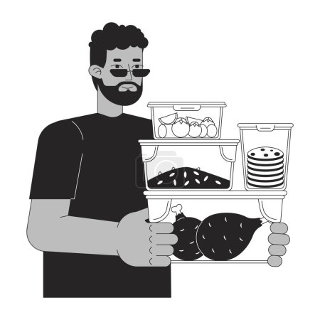 Meal prepping black and white cartoon flat illustration. Healthy lifestyle. Black man 2D lineart character isolated. Energy efficient cooking. Saving energy at home monochrome vector outline image