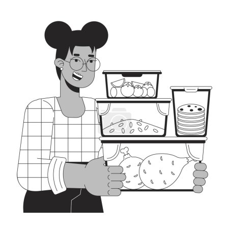 Illustration for Carrying meal prep containers black and white cartoon flat illustration. Black woman 2D lineart character isolated. Energy efficient cooking. Saving energy at home monochrome vector outline image - Royalty Free Image