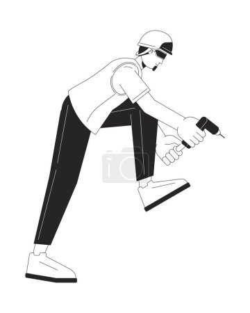 Ingenieur mit Akkuschrauber in schwarz-weißer 2D-Zeichentrickfigur. Kaukasischer erwachsener Mann Elektriker isolierte Vektorumrandung Person. Bohrloch monochromatische flache Stelle Illustration