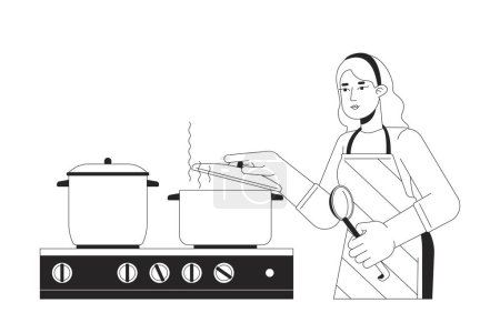 Illustration for Caucasian woman putting lid on pot black and white 2D line cartoon character. Boiling water. Blonde female isolated vector outline person. Cooking dinner kitchen monochromatic flat spot illustration - Royalty Free Image