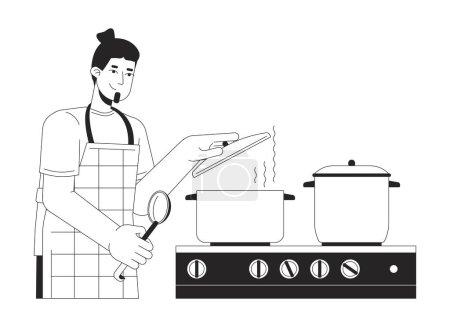 Illustration for Caucasian guy covering pot with lid black and white 2D line cartoon character. Meal preparing. European man isolated vector outline person. Stove cooking utensil monochromatic flat spot illustration - Royalty Free Image