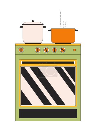 Illustration for Kitchen stove pots boiling 2D linear cartoon object. Preparing. Hot steaming cookware isolated line vector element white background. Food cooking energy efficient color flat spot illustration - Royalty Free Image