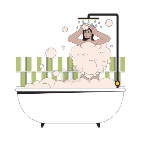 South asian woman showering in bathtub 2D linear cartoon character. Indian young adult female isolated line vector person white background. Shampooing hair in tub color flat spot illustration