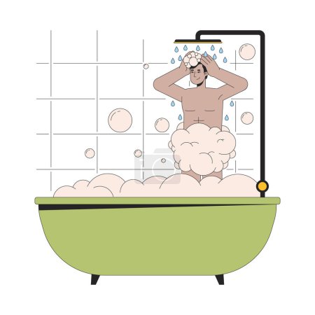 Homme indien douche dans la baignoire personnage de dessin animé linéaire 2D. Sud asiatique jeune adulte mâle isolé ligne vecteur personne fond blanc. Laver les cheveux avec une illustration de tache plate couleur shampooing