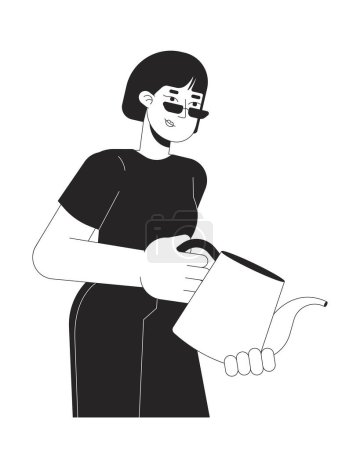 Asiatique jeune femme portant arrosoir noir et blanc personnage de dessin animé ligne 2D. Jardinage femme coréen isolé vecteur contour personne. Plantation horticole monochromatique point plat illustration