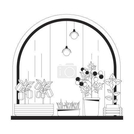 Téléchargez les illustrations : Windowsill jardin noir et blanc objet de dessin animé ligne 2D. Jardinage intérieur. Herbes de rebord de fenêtre plantant élément de contour vectoriel isolé. Plantes végétales. Légumes pot monochromatique plat spot illustration - en licence libre de droit