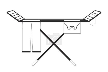 Air dry clothes rack black and white 2D line cartoon object. Laundry hanging on rack isolated vector outline item. Housekeeping chores housework. Air drying cloth monochromatic flat spot illustration