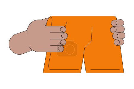 Unterwäsche, die eine lineare Zeichentrickfigur in Händen hält. Trocknende Unterhosen umreißen 2D-Vektorbild, weißer Hintergrund. Slip-Wäsche. Boxershort Kleidung editierbar flache Farbe Cliparts