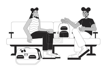 Espera pasajeros mujeres amigas personajes de dibujos animados en blanco y negro 2D line. Viajeros asientos terminales del aeropuerto aislado vector esbozan las personas. Hablando en la zona de espera ilustración plana monocromática