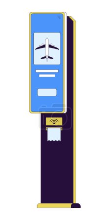 Ilustración de Terminal de pago NFC en el aeropuerto objeto de dibujos animados lineal 2D. Comprar billete de avión dispositivo inalámbrico aislado línea vector elemento fondo blanco. Tecnología de pago sin contacto ilustración plana del punto del color - Imagen libre de derechos
