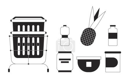 Warenkorb produkte schwarz und weiß 2D line cartoon objekte set. Der Kauf von Lebensmitteln isoliert Vektor Outline Artikel Sammlung. Der Kauf von Getränken. Monochrome Flachbild-Illustrationen für Lebensmittelgeschäfte