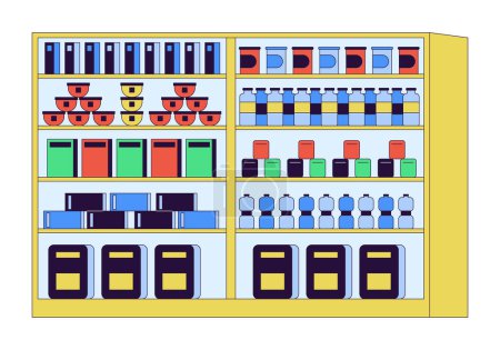 Illustration for Supermarket shelves 2D linear cartoon object. Grocery store rack isolated line vector element white background. Grocerys product display. Shop foodstuff merchandising color flat spot illustration - Royalty Free Image