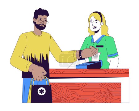 Illustration for Pharmacy customer paying through nfc watch 2D linear cartoon characters. Medication buying black man isolated line vector people white background. Contactless terminal color flat spot illustration - Royalty Free Image