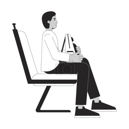 Hombre indio viajero en asiento de transporte público negro y blanco personaje de dibujos animados de línea 2D. Hombre de Asia del Sur sosteniendo mochila aislado vector contorno persona. Autobús paseo monocromático plano punto ilustración