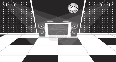 Illustration for Disco club dancefloor black and white line illustration. 80s style musical party. Dj set in club. Vintage nightclub 2D interior monochrome background. Discotheque outline scene vector image - Royalty Free Image