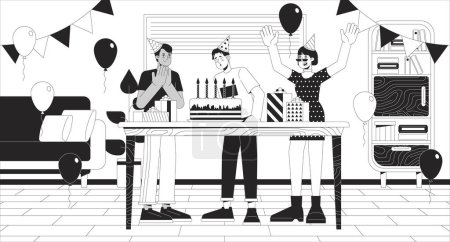 Illustration for Birthday party at home black and white line illustration. Asian man blowing candles with friends 2D characters monochrome background. Happy holiday celebration outline scene vector image - Royalty Free Image