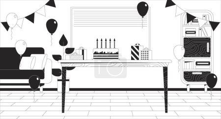 Ilustración de Celebración de la fiesta de cumpleaños ilustración de línea en blanco y negro. Pastel festivo y regalos en la habitación decorada 2D fondo monocromo interior. Felices vacaciones felicitación esquema escena vector imagen - Imagen libre de derechos